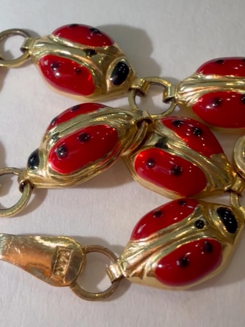 14K Gold Ladybug Anklet Solid Yellow Gold Enamel 10” Lucky Charm Bracelet 4.8g